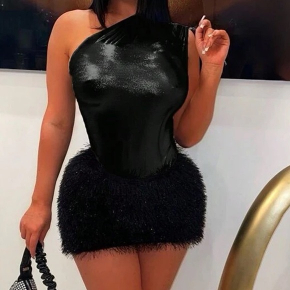 2piece One shoulder body suit with Fuzzy skirt - Picture 1 of 1